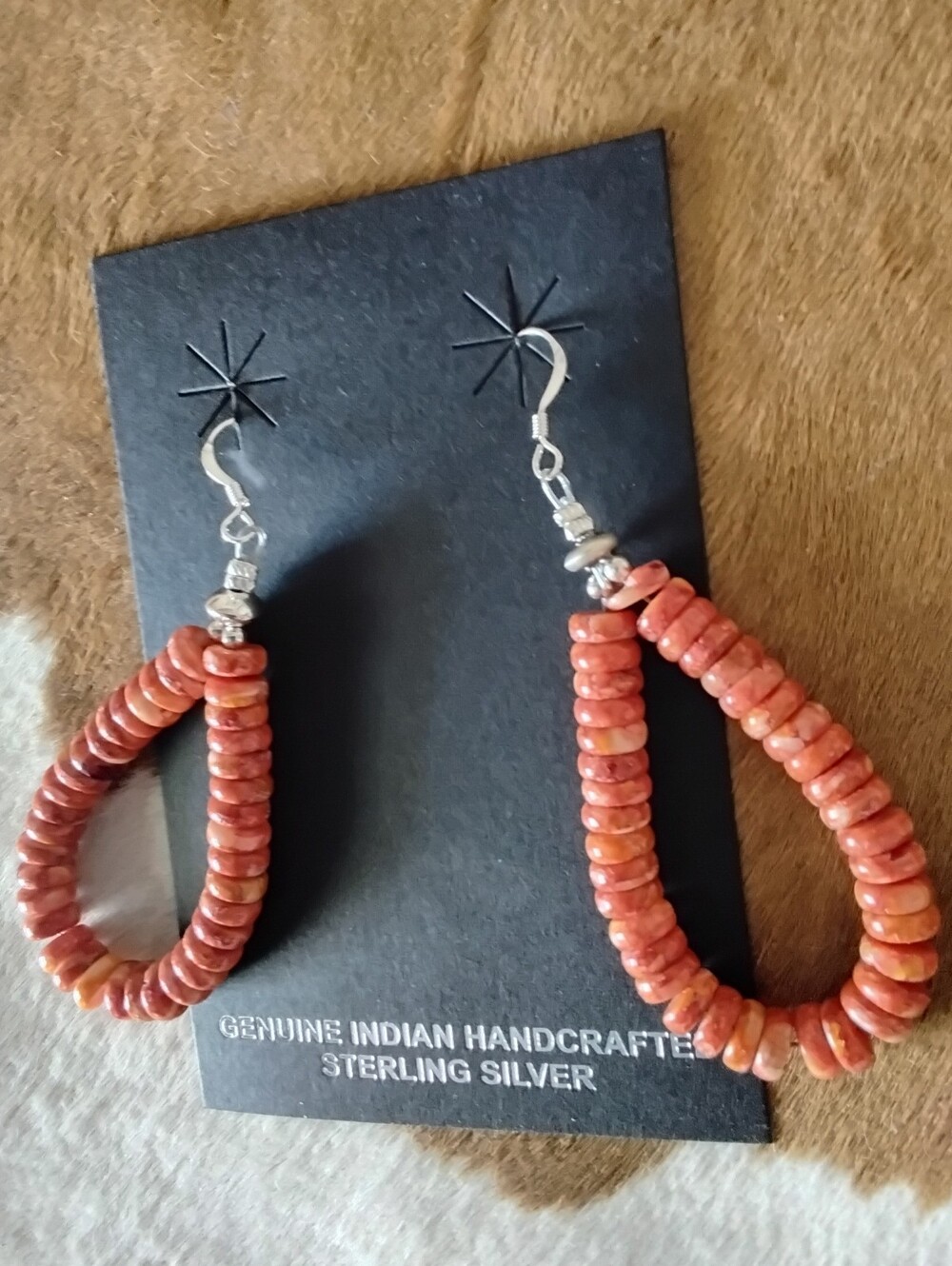 Louise Joe Navajo Handmade Orange Spiny Oyster Eardrop dangle 925 Earrings. - Picture 5 of 9